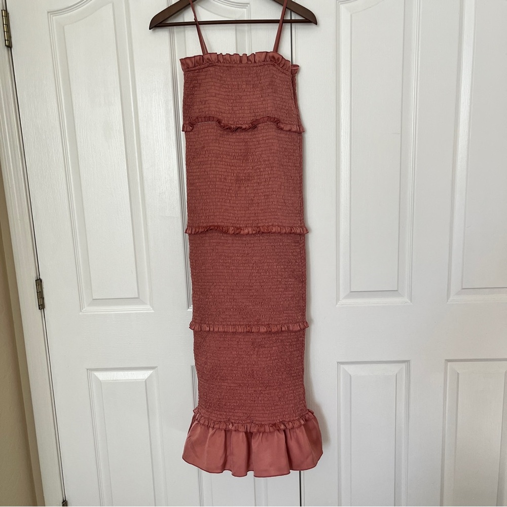 Pinkblush Maternity Mauve Satin Smocked Fitted Midi Dress